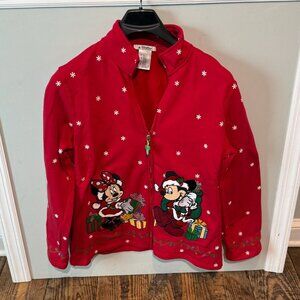 Disney Parks Mickey Minnie Christmas Fleece Jacket XL Donald Duck RARE Red AOP